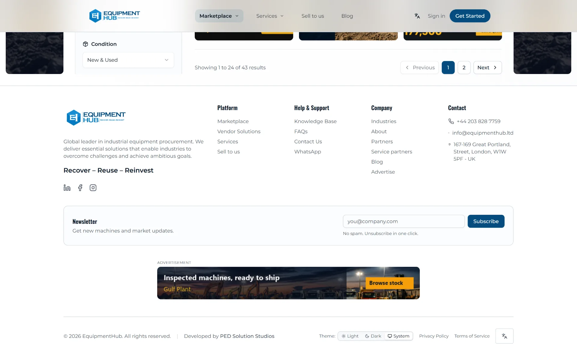 Footer banner running on Equipment Hub