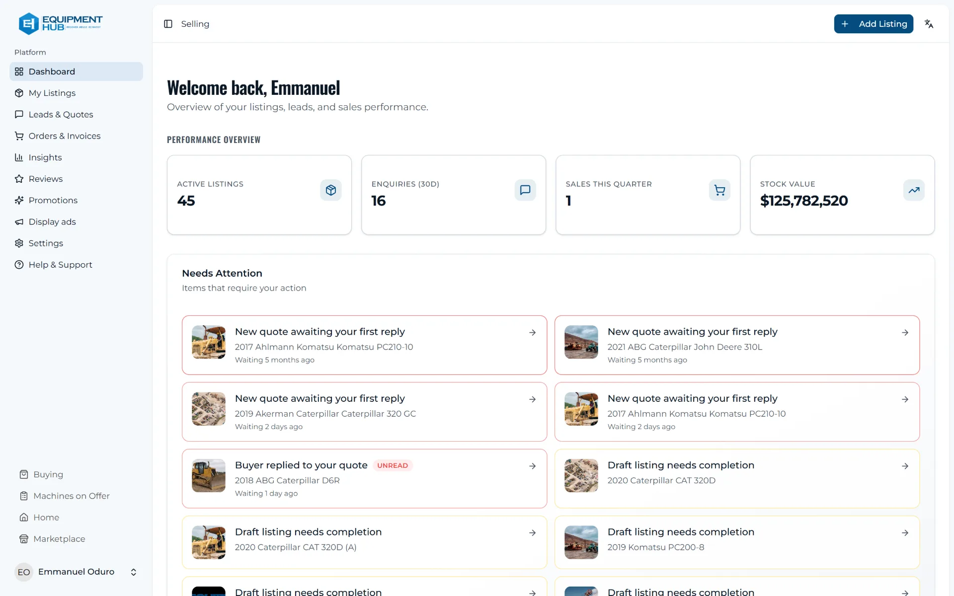 The vendor dashboard, summarising active listings, open quotes, orders, and revenue.