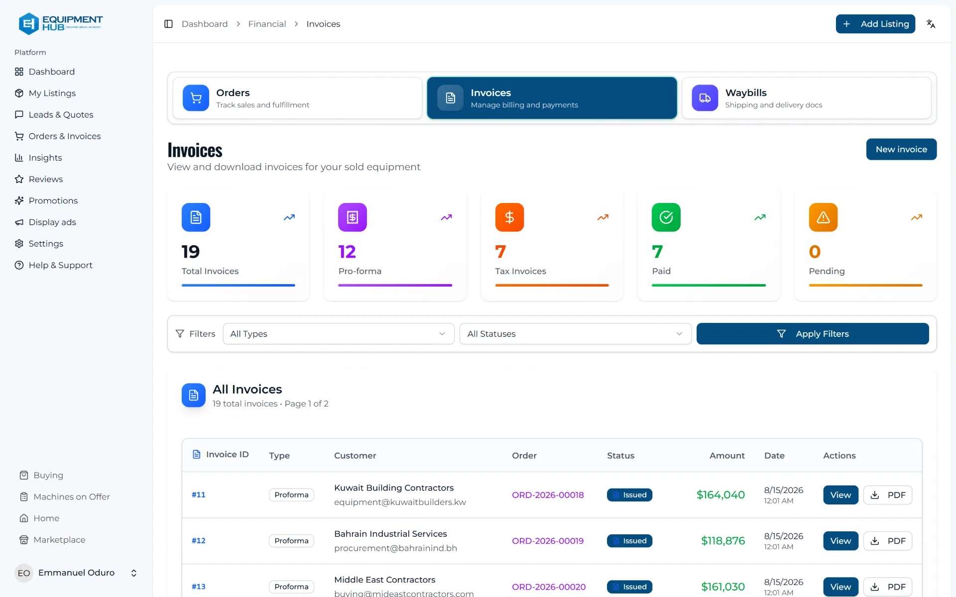 The Invoices screen in the vendor portal, showing invoice numbers, amounts, and payment status.