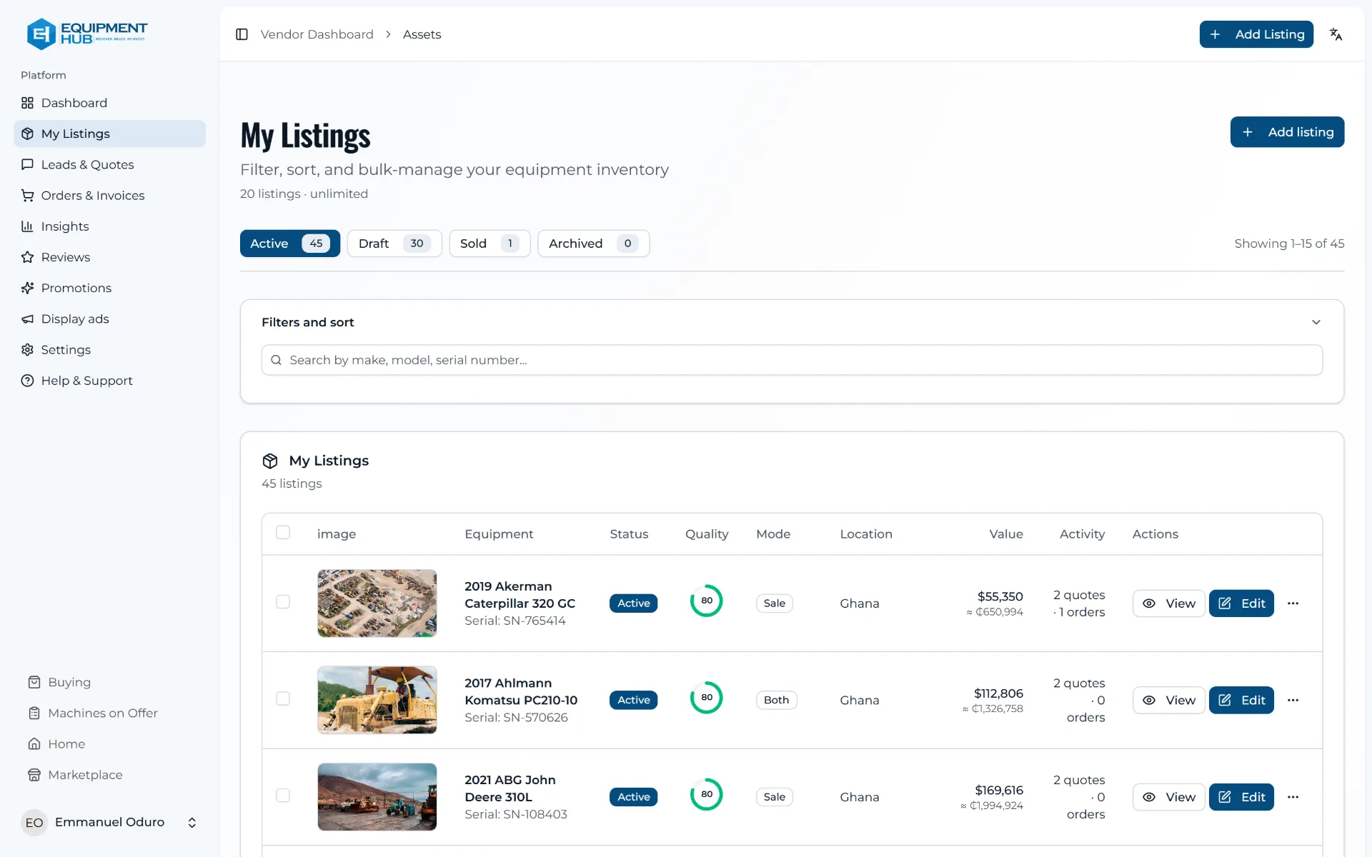 The My Listings screen in the Equipment Hub vendor portal, showing inventory with photos, prices, and status.