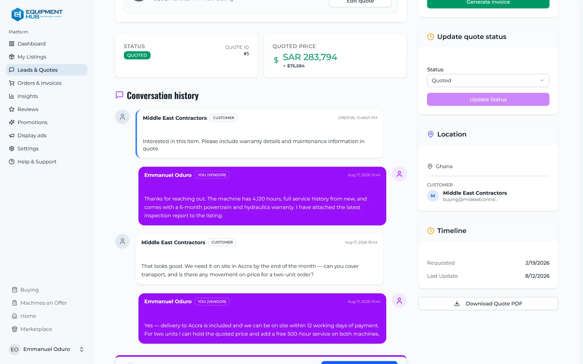 A quote detail page showing a vendor and a buyer negotiating price and delivery in a message thread.
